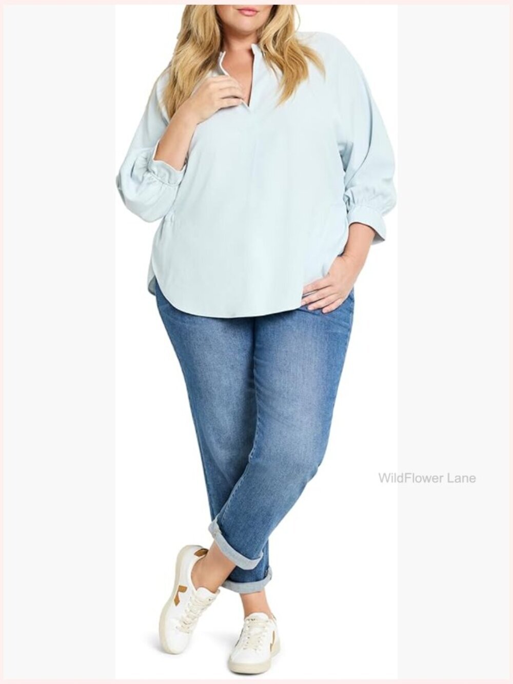 Relaxed Fit Blouse with Split Neck, Bracelet Sleeves, Woven Top